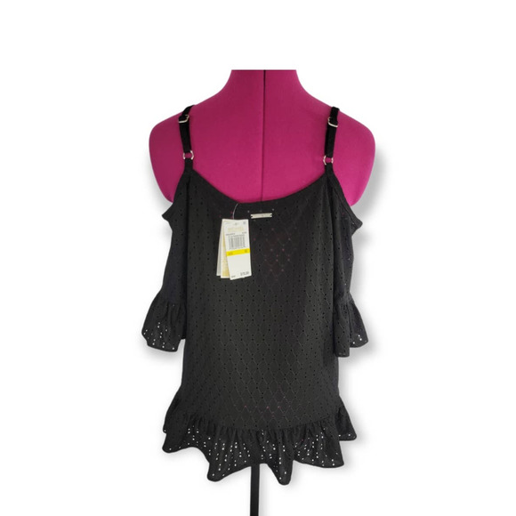 **NWT** Michael Kors Eyelet Cold Shoulder Ruffle Top Size Medium Black - Picture 7 of 8